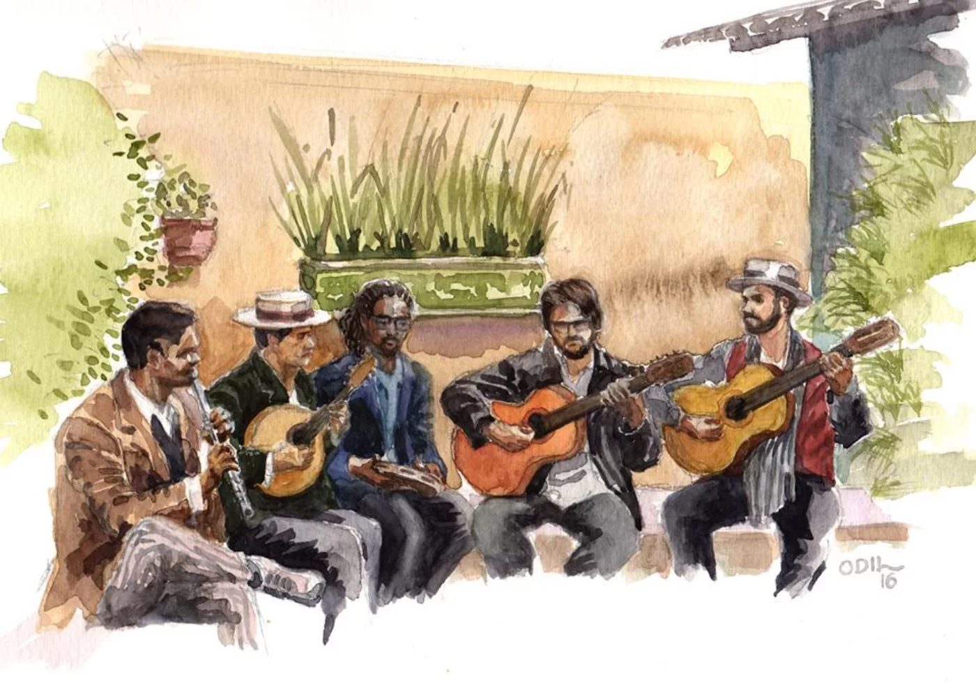 Aquarela retratando uma roda de choro, feita pelos Urban Sketchers Londrina