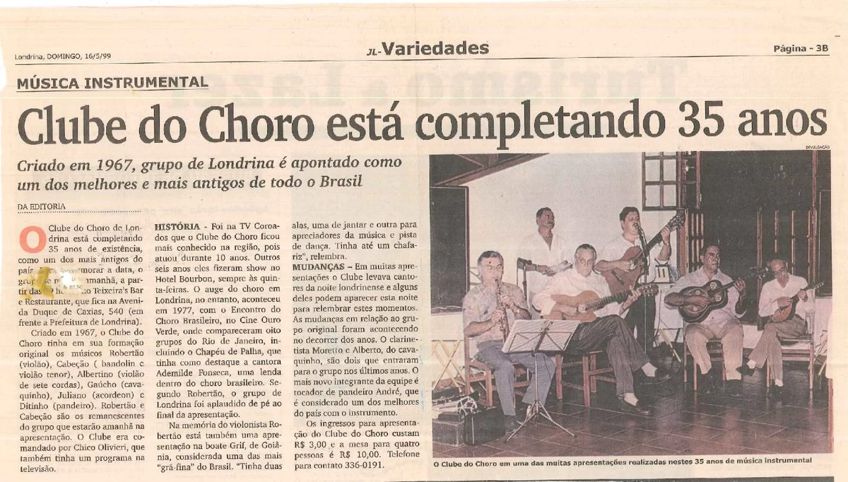 Reportagem de jornal sobre os 35 anos do Clube do Choro