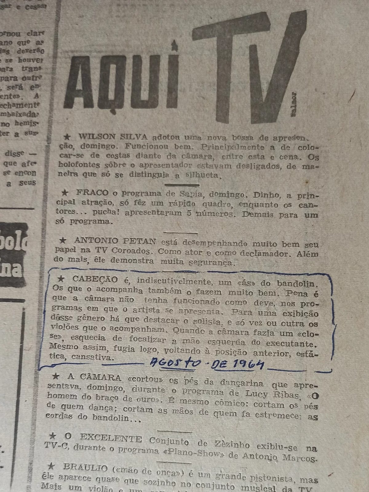 Coluna Aqui TV da Folha de Londrina, 1964