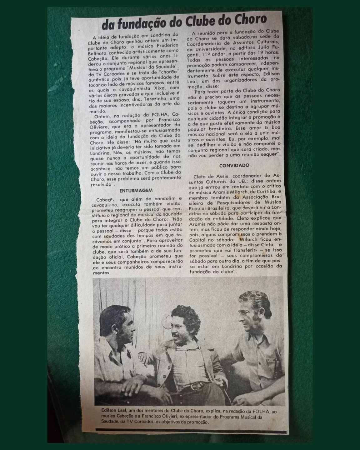 Recorte da Folha de Londrina de 1976 registrando a fundação do Clube do Choro